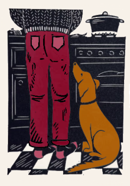 Linocut illustration of a person and dog in a kitchen